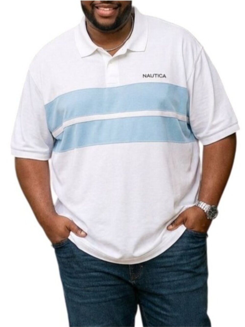 Nautica Mens Size 3XL Polo Shirt Blue White Striped Short Sleeve Classic Collar